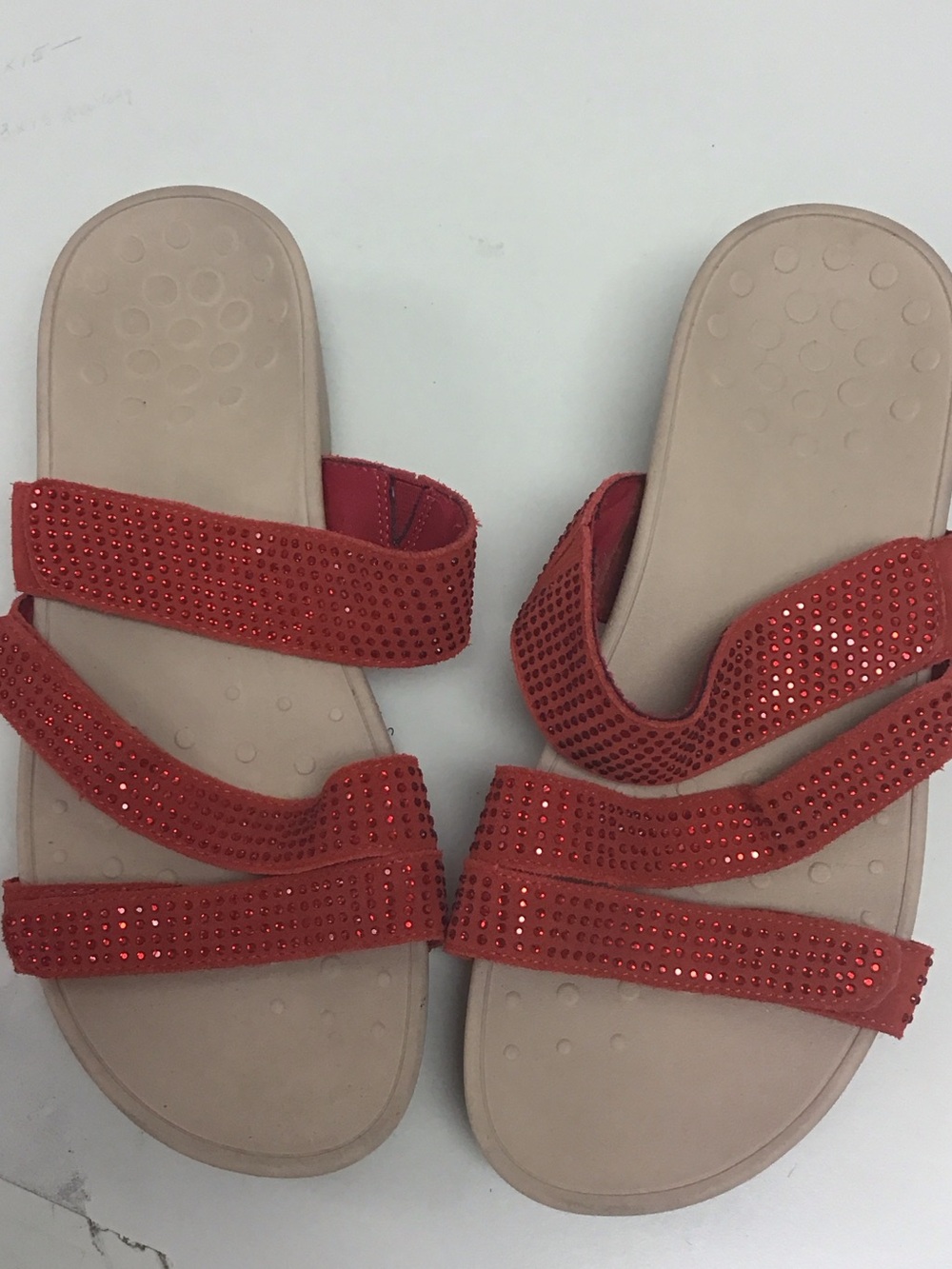 Vionic Red Rhinestone Triple-Strap Slide Sandals